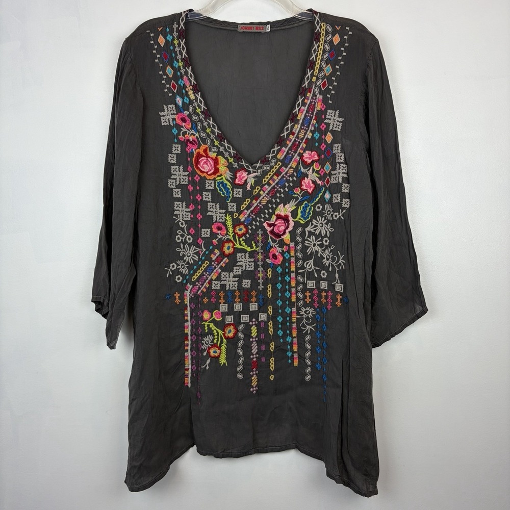 Johnny Was Tunic Top Womens XL Embroidered Floral Henley Front Gray Blouse